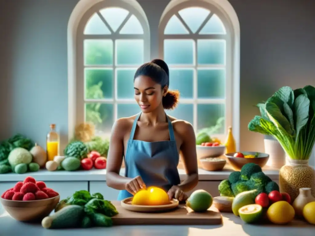 Una persona alegre preparando platos sin gluten en una cocina moderna y luminosa, rodeada de ingredientes frescos y coloridos