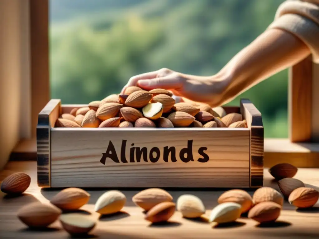 Persona seleccionando almendras frescas de una caja de madera