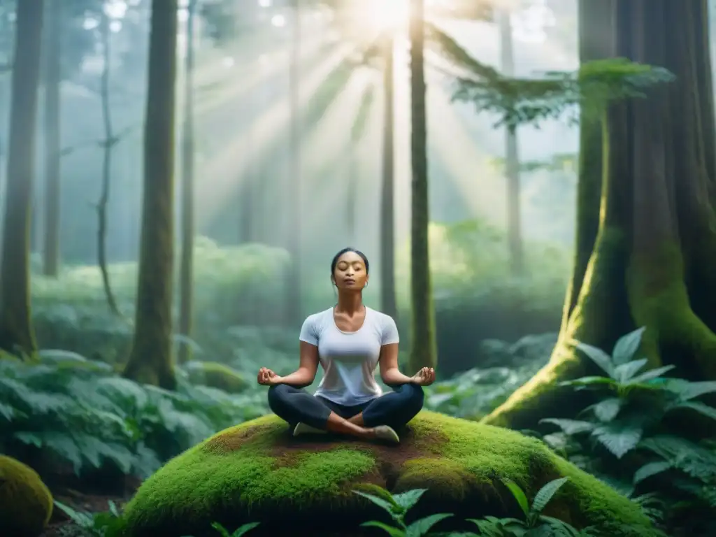 Persona meditando en el bosque, conectando con la naturaleza