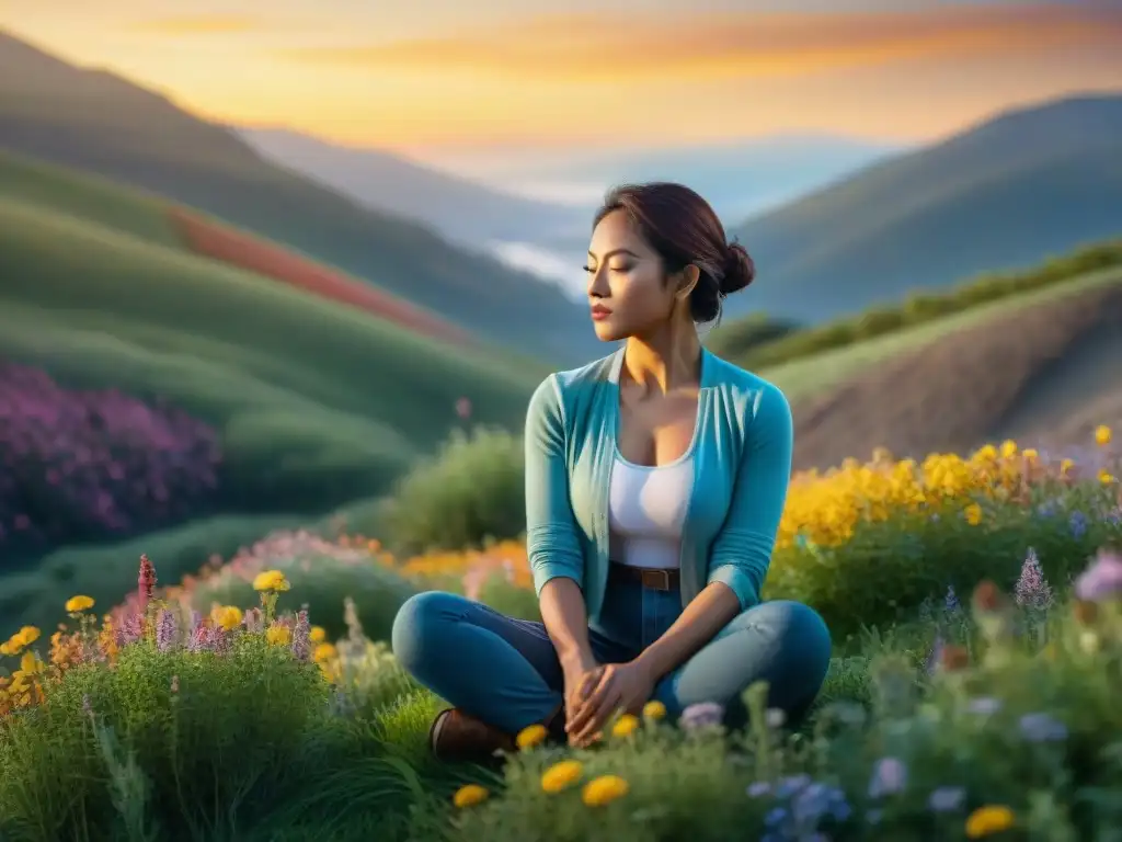 Persona en campo al atardecer, rodeada de flores, expresión serena