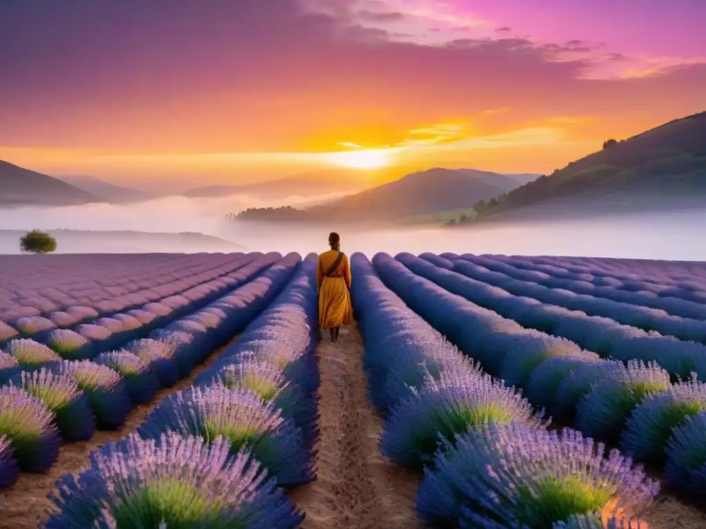 Persona meditando en campo de lavanda al atardecer, rodeada de mariposas y luz dorada, transmitiendo paz interior