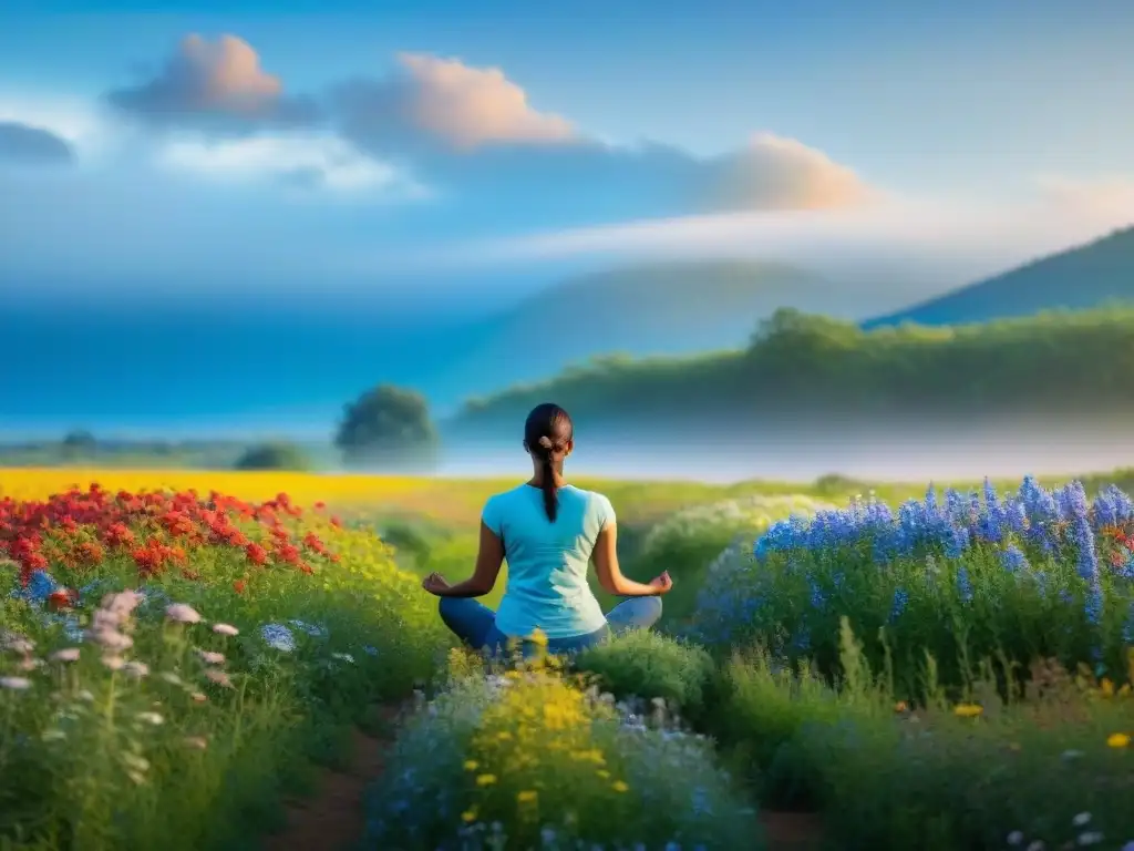 Persona en campo verde con flores bajo cielo azul, practicando manejo emocional dieta FODMAP gluten