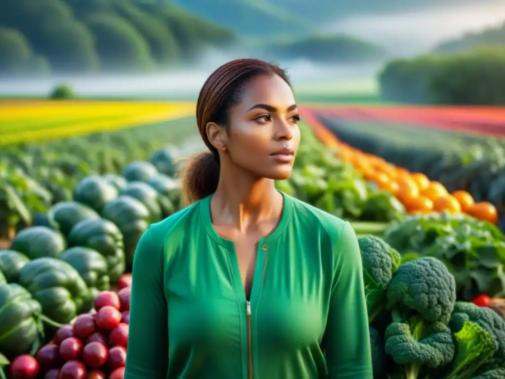 Persona en campo verde con frutas y verduras coloridas, irradiando paz