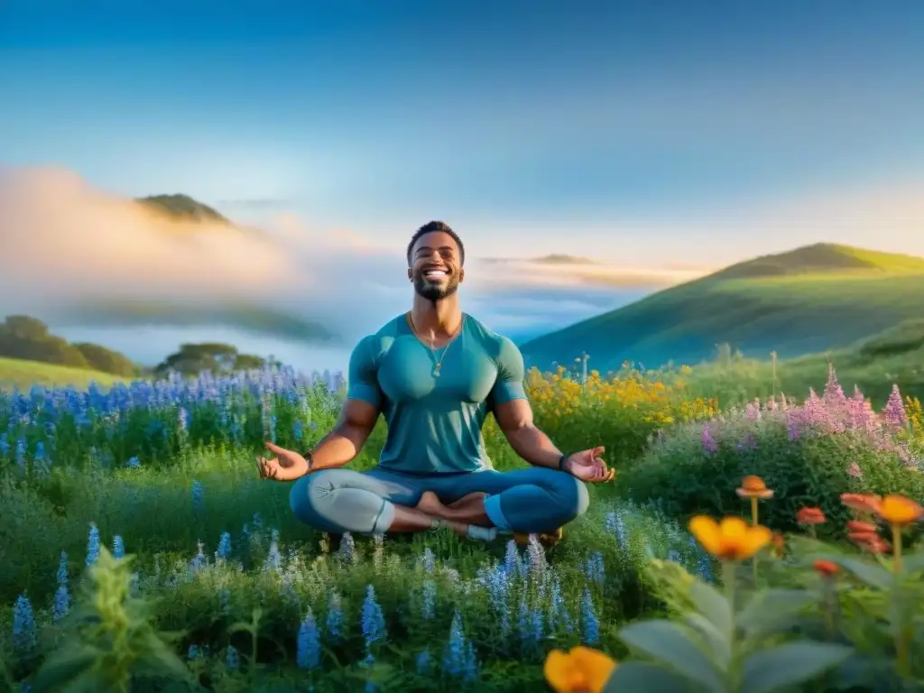 Persona meditando en campo verde, rodeada de flores silvestres, bajo cielo azul