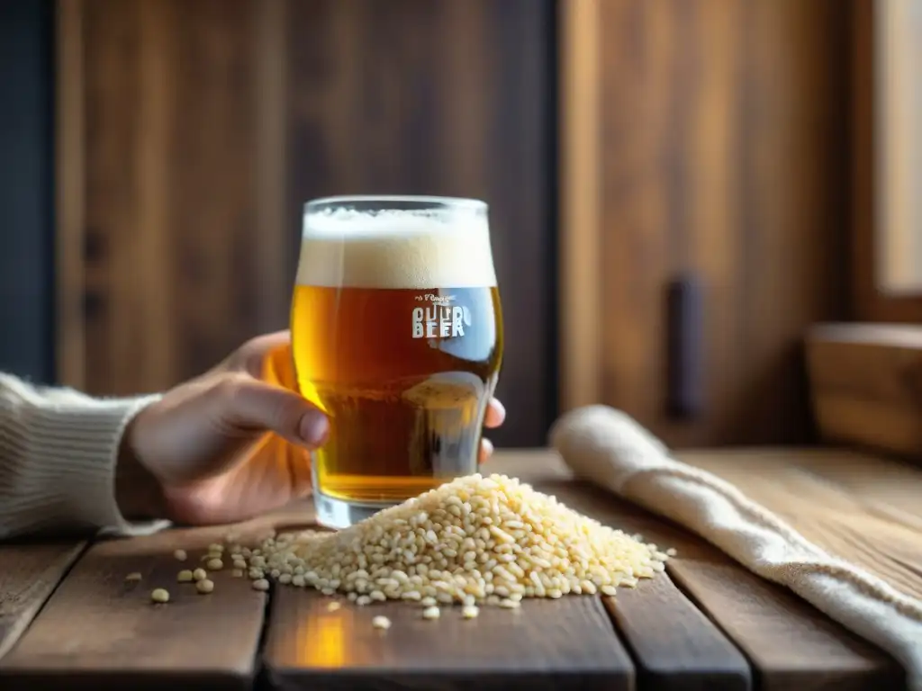 Persona disfrutando de cerveza sin gluten con granos de quinoa, arroz y maíz en mesa rústica