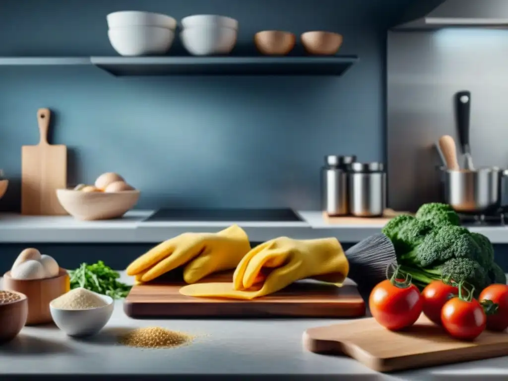 Persona en cocina meticulosa, separando ingredientes sin gluten, evitando contaminación cruzada