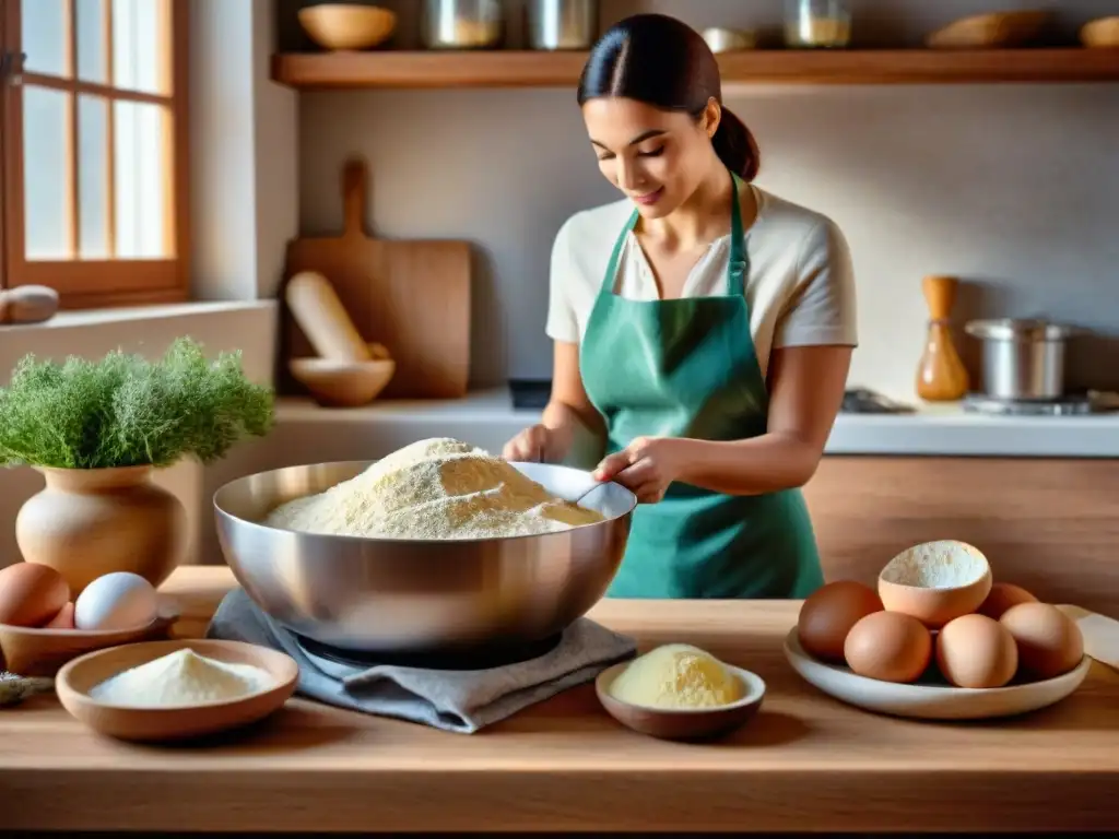 Persona cocinando en una cocina soleada y acogedora, preparando pan sin gluten