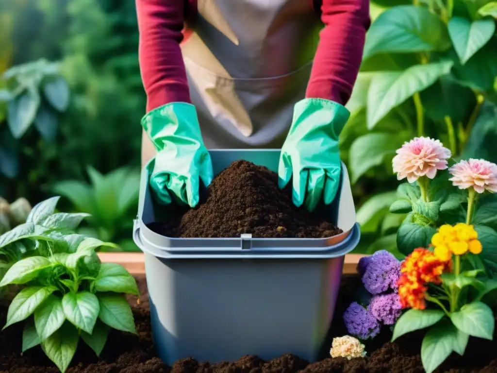 Persona mezclando compost en un huerto casero sin gluten, rodeado de plantas y flores coloridas