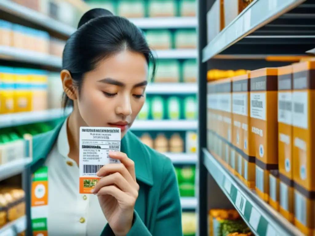 Persona concentrada leyendo minuciosamente una etiqueta de alimentos, con estanterías llenas de productos de fondo