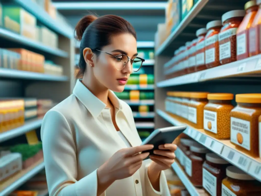 Persona concentrada leyendo etiqueta de alimentos con lupa, buscando gluten oculto en etiquetas