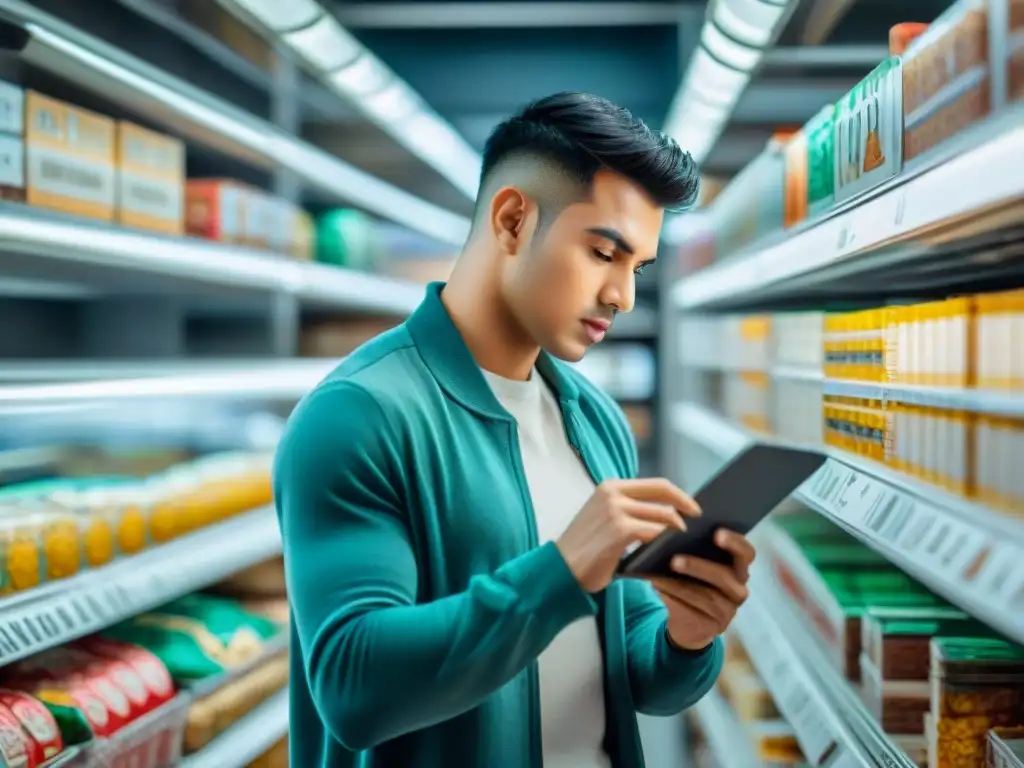 Persona concentrada leyendo etiquetas de alimentos sin gluten con precisión y determinación en el supermercado