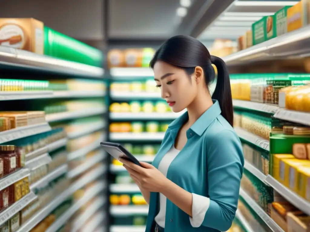 Persona concentrada leyendo etiquetas de alimentos sin gluten para evitar errores, en supermercado