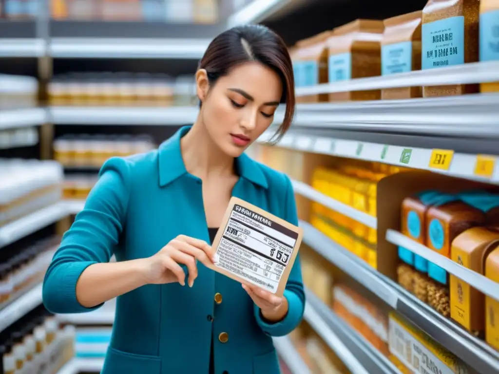 Persona concentrada examinando etiquetas de alimentos sin gluten con lupa, rodeada de productos sin gluten en estanterías