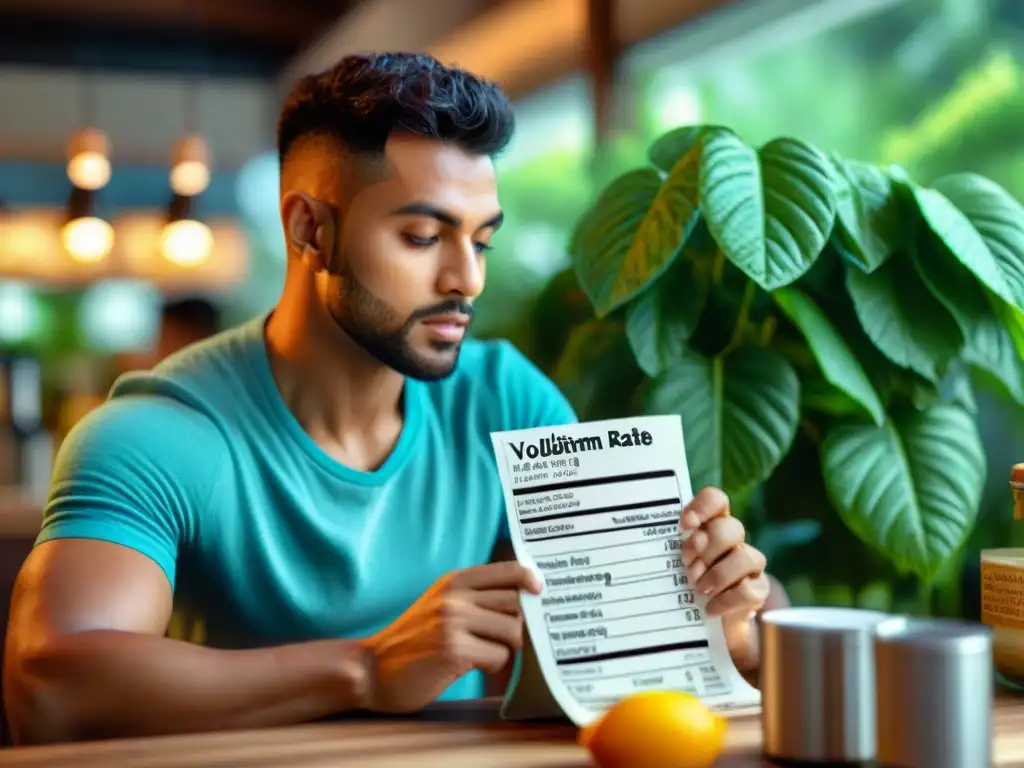 Persona concentrada leyendo detenidamente las etiquetas de alimentos sin gluten en un acogedor café