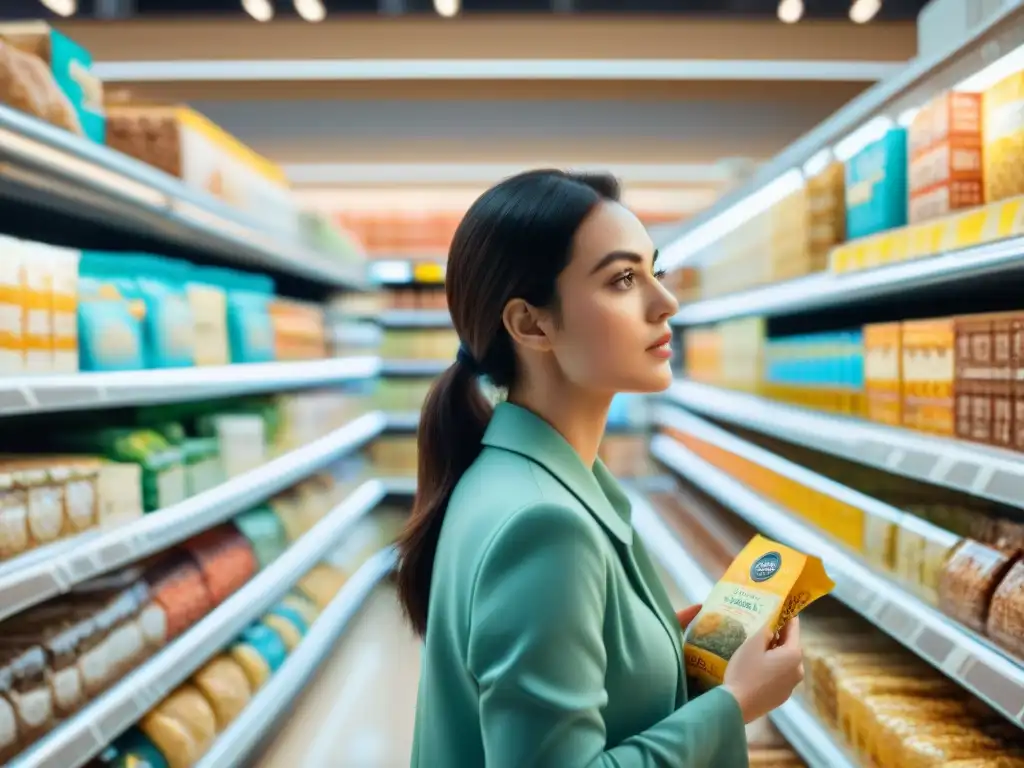 Persona concentrada examina etiquetas en pasillo de supermercado iluminado, lleno de productos sin gluten