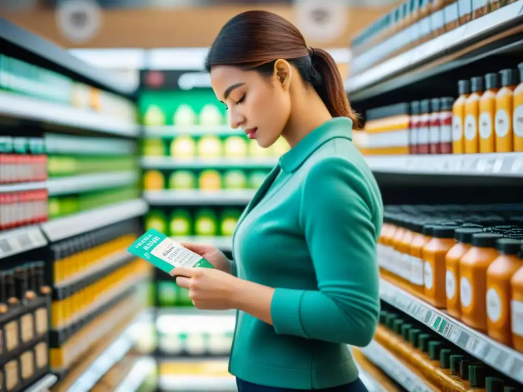 Persona leyendo con detenimiento etiquetas de productos orgánicos sin gluten en tienda de comestibles