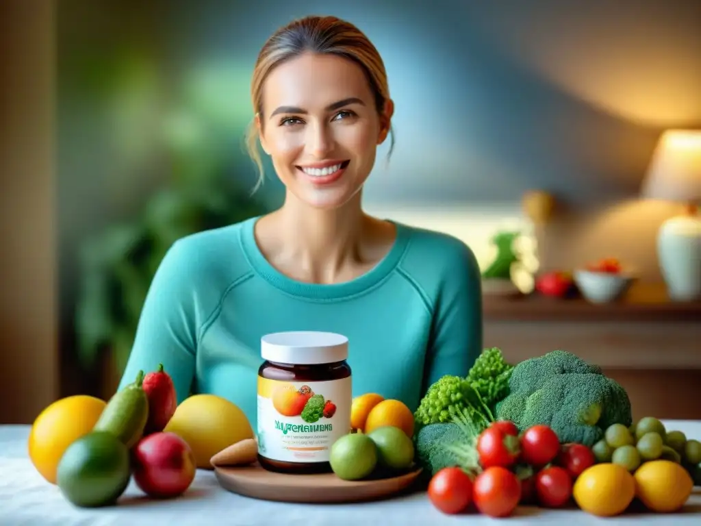 Persona con enfermedad celiaca sonriente, con suplementos en mano, rodeada de alimentos frescos