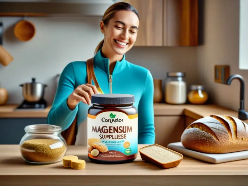 Una persona con enfermedad celíaca sonriendo, sosteniendo suplementos de magnesio y pan sin gluten, en una cocina con ingredientes saludables