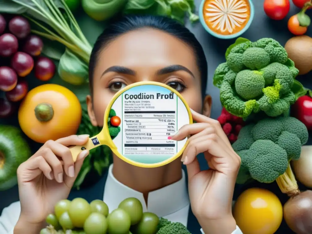 Persona examina etiqueta de alimentos en medio de frutas y verduras, reflejando determinación y curiosidad