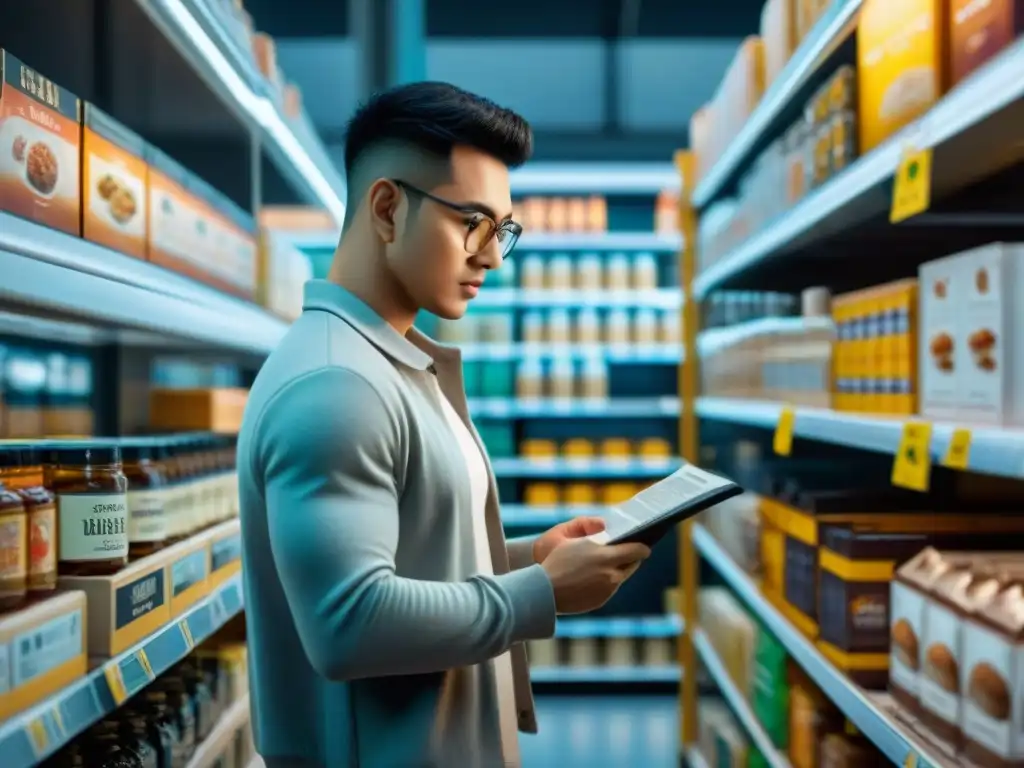 Persona leyendo detenidamente la etiqueta de un producto alimenticio importado sin gluten, rodeada de estantes llenos de productos