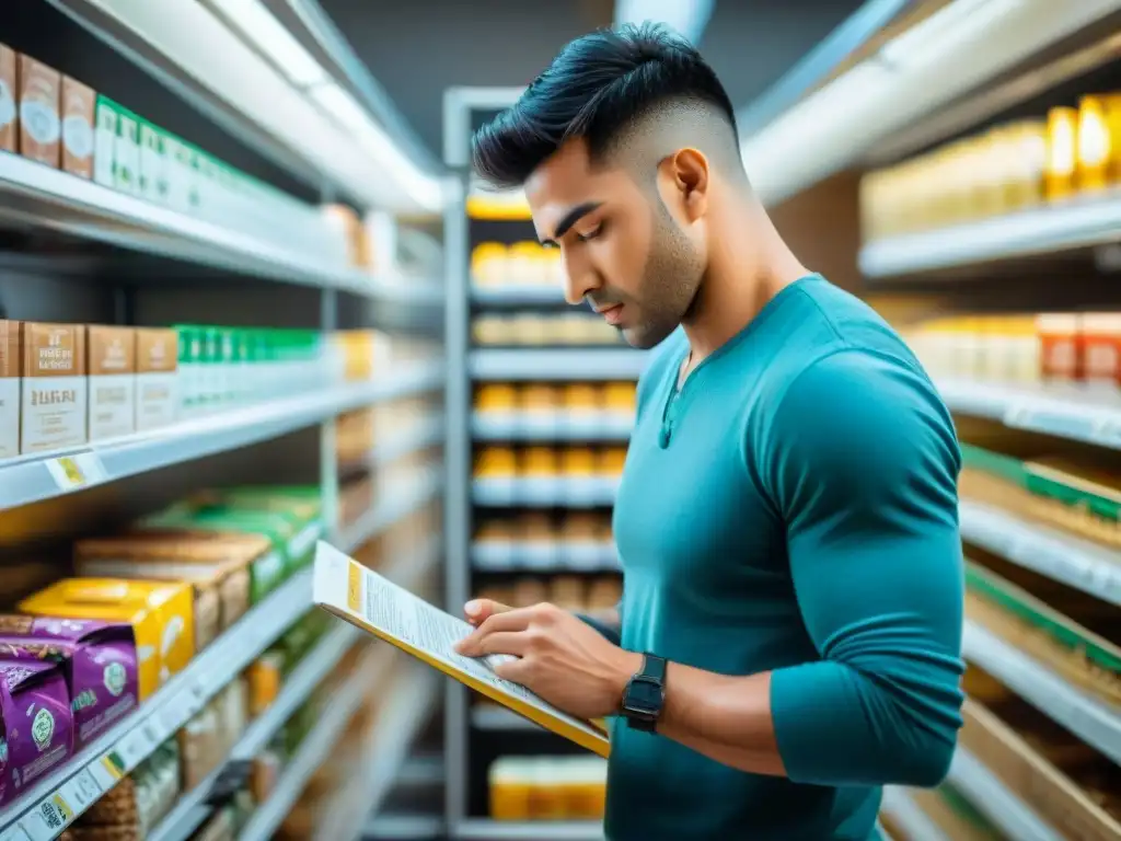 Persona leyendo etiquetas de alimentos con concentración y preocupación en estanterías llenas de productos sin gluten y regulares