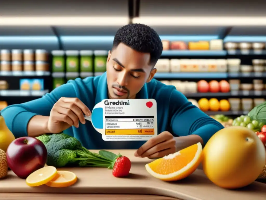 Persona examinando etiquetas de productos sin gluten entre alimentos naturales