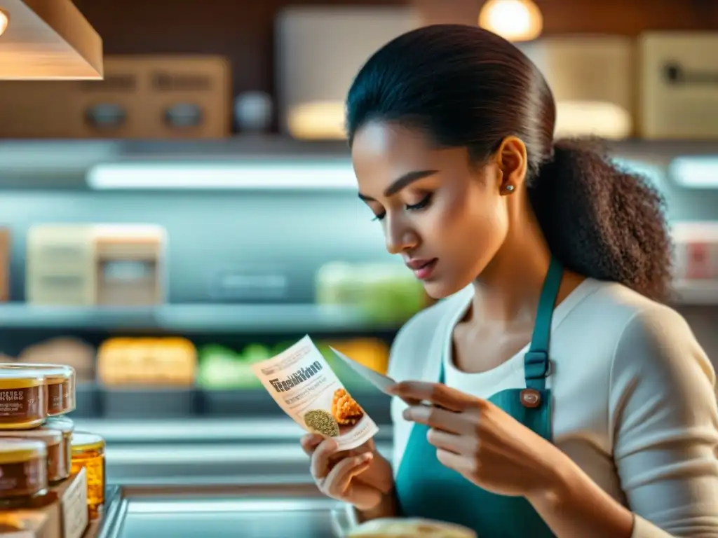 Persona leyendo detenidamente etiquetas productos sin gluten en acogedora cocina iluminada