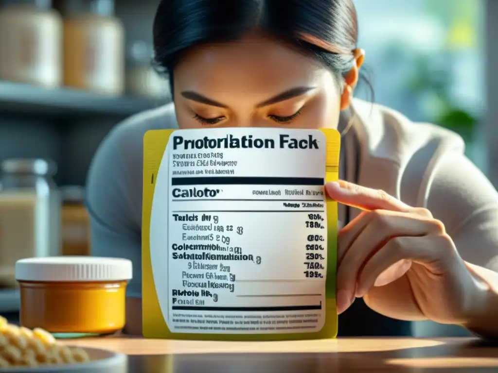 Persona examinando detenidamente etiquetas de productos sin gluten en envase, con expresión concentrada