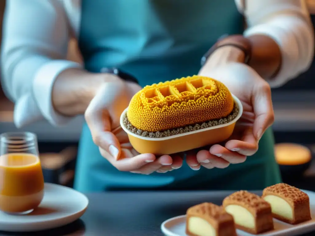 Una persona admira un exquisito plato sin gluten impreso en 3D en una cocina moderna