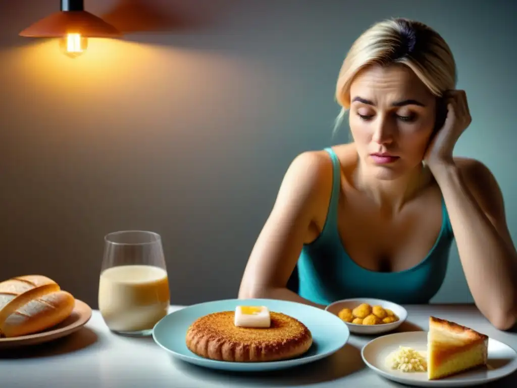 Persona fatigada en mesa con comida gluten, reflejando síntomas ocultos enfermedad celíaca