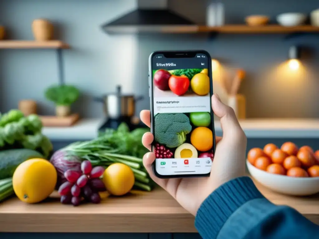 Persona feliz usando aplicaciones móviles sin gluten en cocina moderna