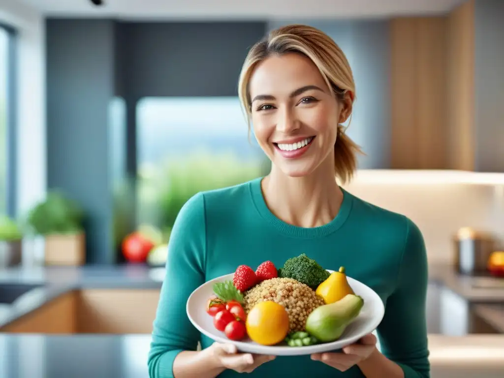 Persona feliz en cocina moderna con plato de alimentos sin gluten FODMAP-friendly, reflejando beneficios de la dieta