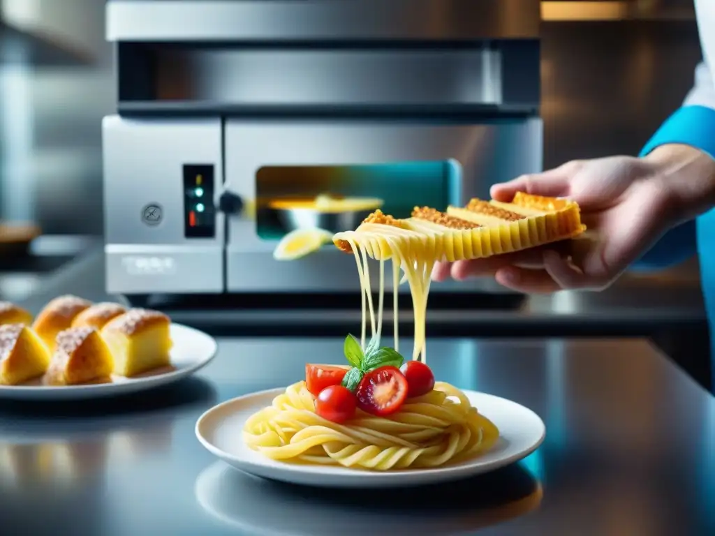 Persona feliz sosteniendo comida sin gluten impresa en 3D en cocina moderna