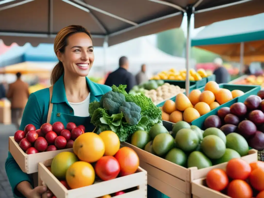 Persona feliz explorando frutas y verduras en un mercado vibrante, con productos sin gluten