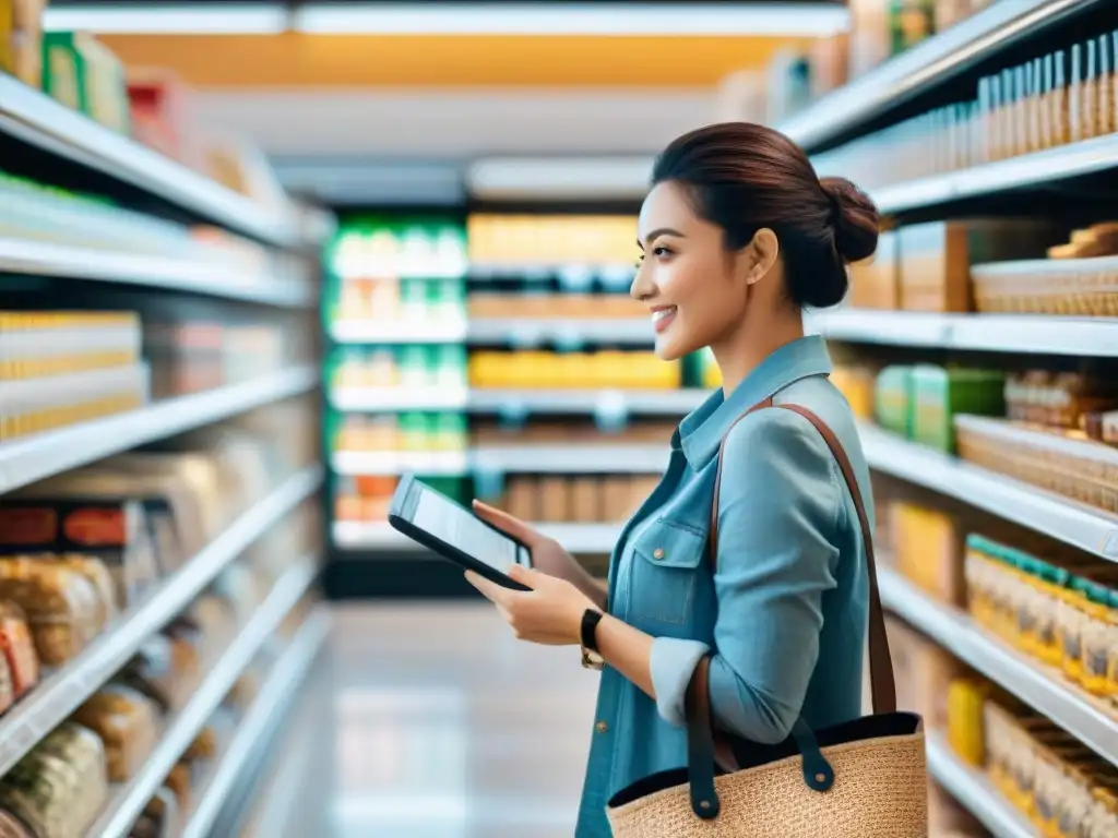 Una persona feliz comparando ofertas de productos sin gluten en el supermercado