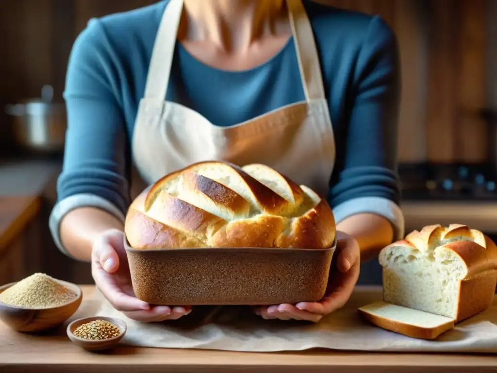 Persona feliz sosteniendo pan sin gluten recién horneado, con vapor y cocina rústica