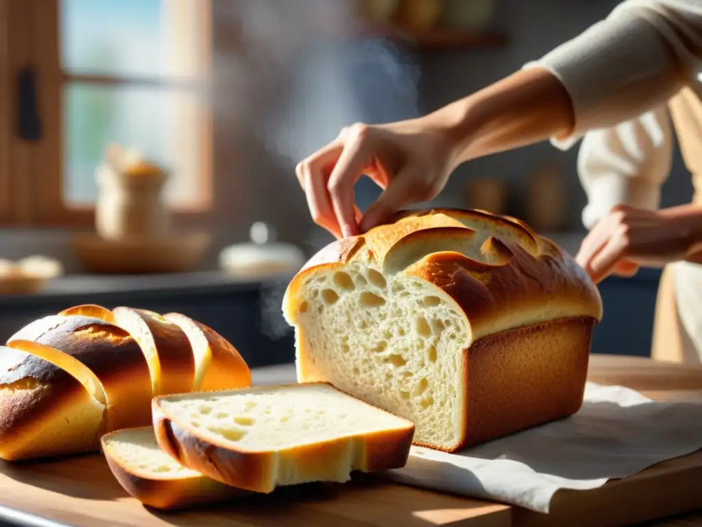 Persona feliz cortando pan sin gluten recién horneado en una cocina soleada