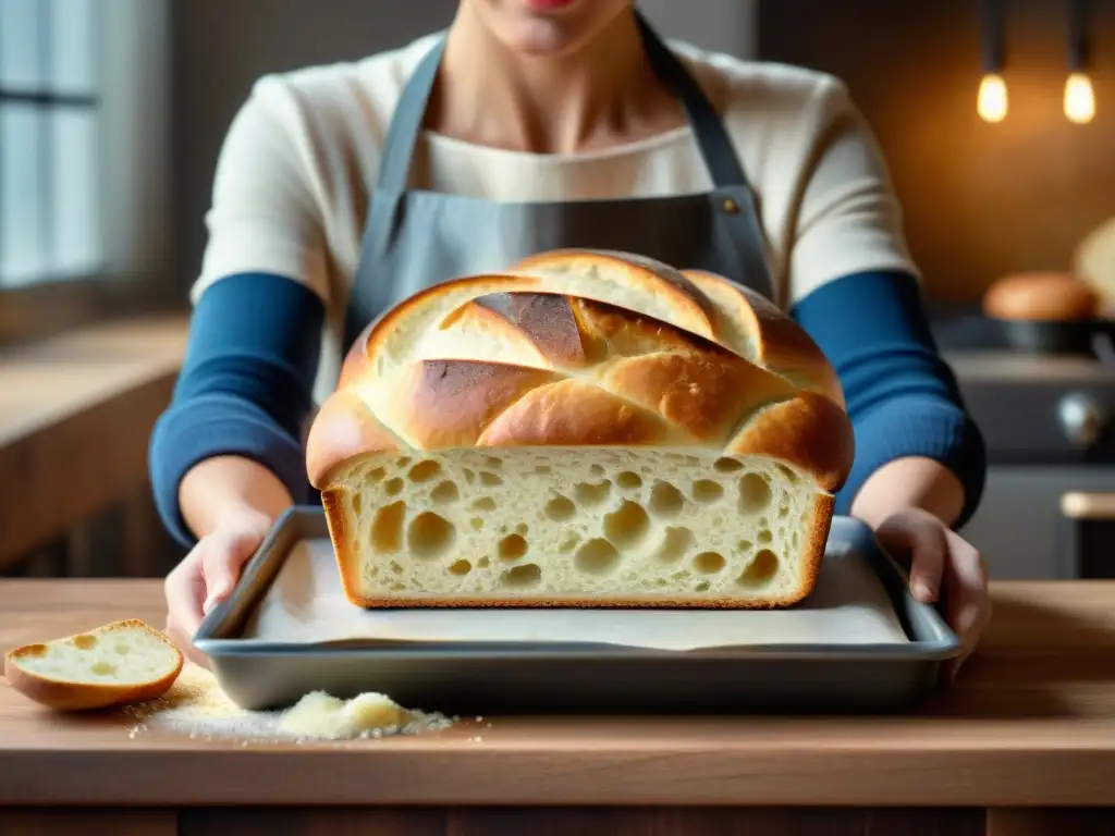 Persona feliz sacando pan sin gluten recetas innovadoras del horno, con vapor y ambiente acogedor en la cocina