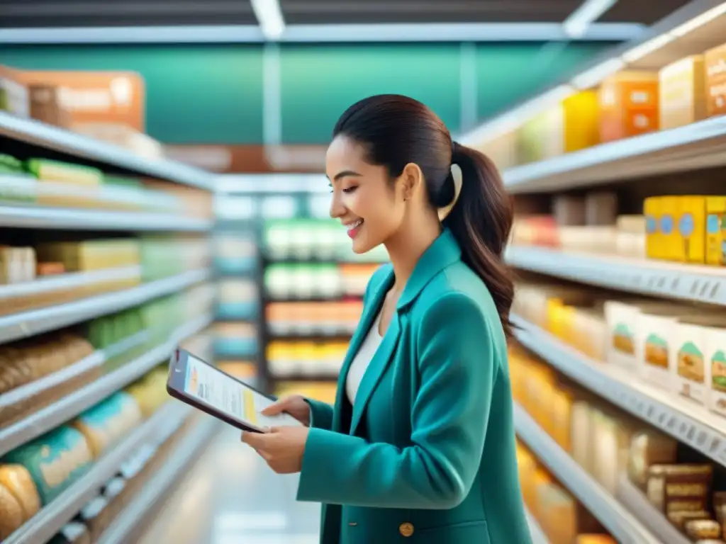 Persona feliz comprando sin gluten en el supermercado, empoderada y segura