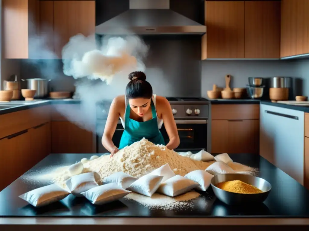 Persona frustrada en cocina: harina derramada, ingredientes esparcidos y plato quemado