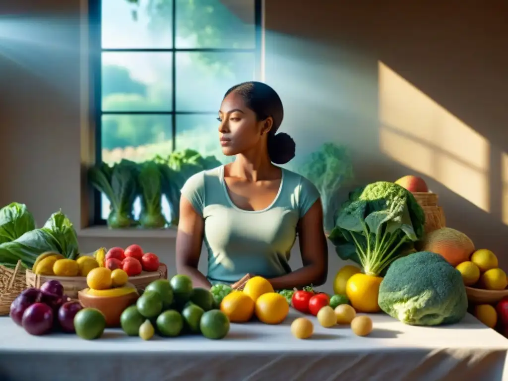 Una persona arreglando frutas y verduras con serenidad, superando múltiples alergias alimentarias emocionalmente