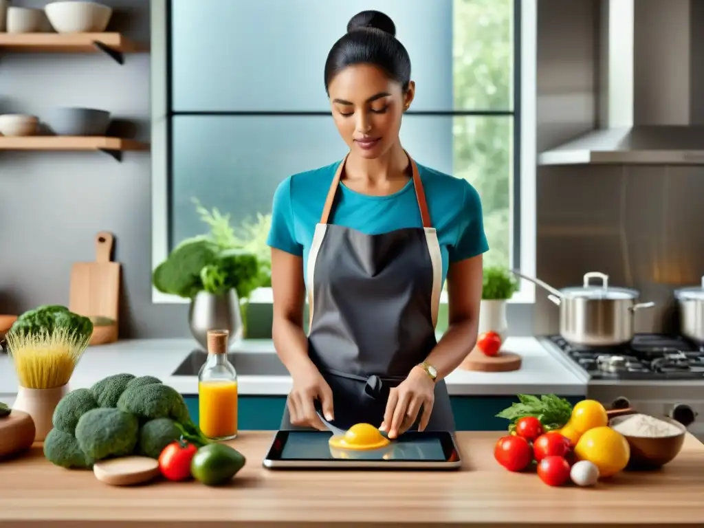 Persona cocinando sin gluten en cocina moderna, destacando ingredientes frescos