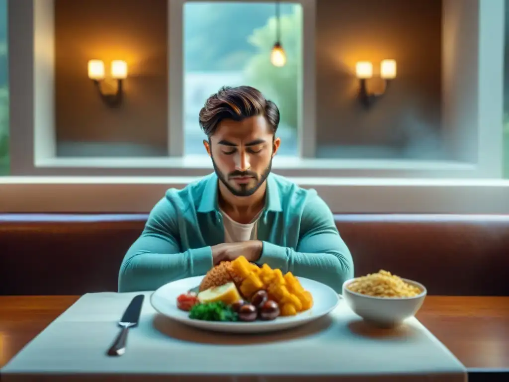 Persona con intolerancia al gluten y estigma, sola en mesa de restaurante, mirando plato vacío mientras otros disfrutan