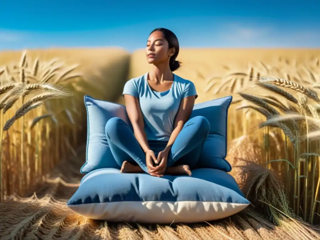 Persona practicando mindfulness en campo de trigo, rodeada de tallos dorados bajo cielo azul