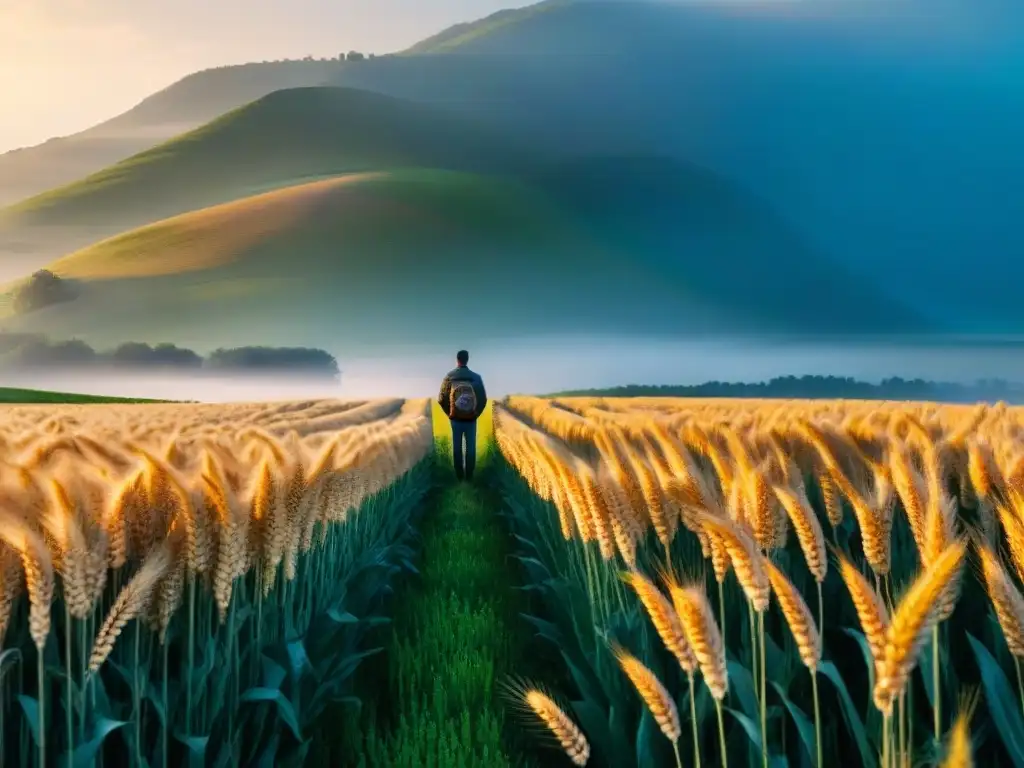 Persona reflexiva en un campo de trigo dorado, expresando paz y conexión con la naturaleza