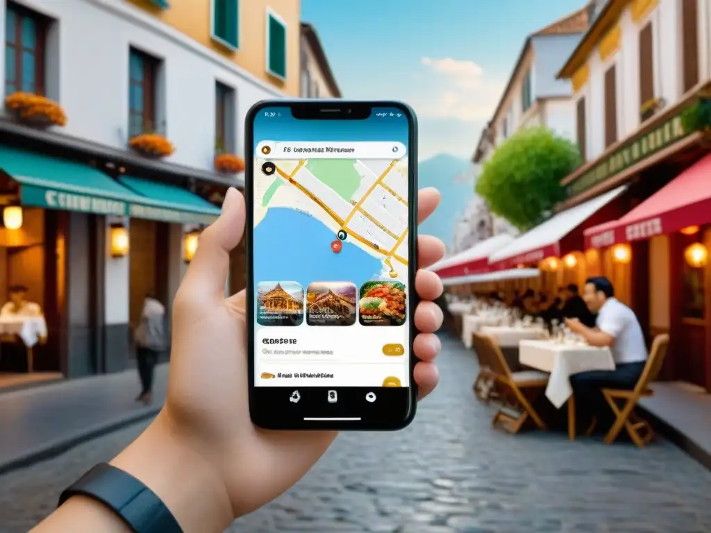 Persona buscando restaurantes sin gluten en una ciudad extranjera con Apps para celíacos viajeros