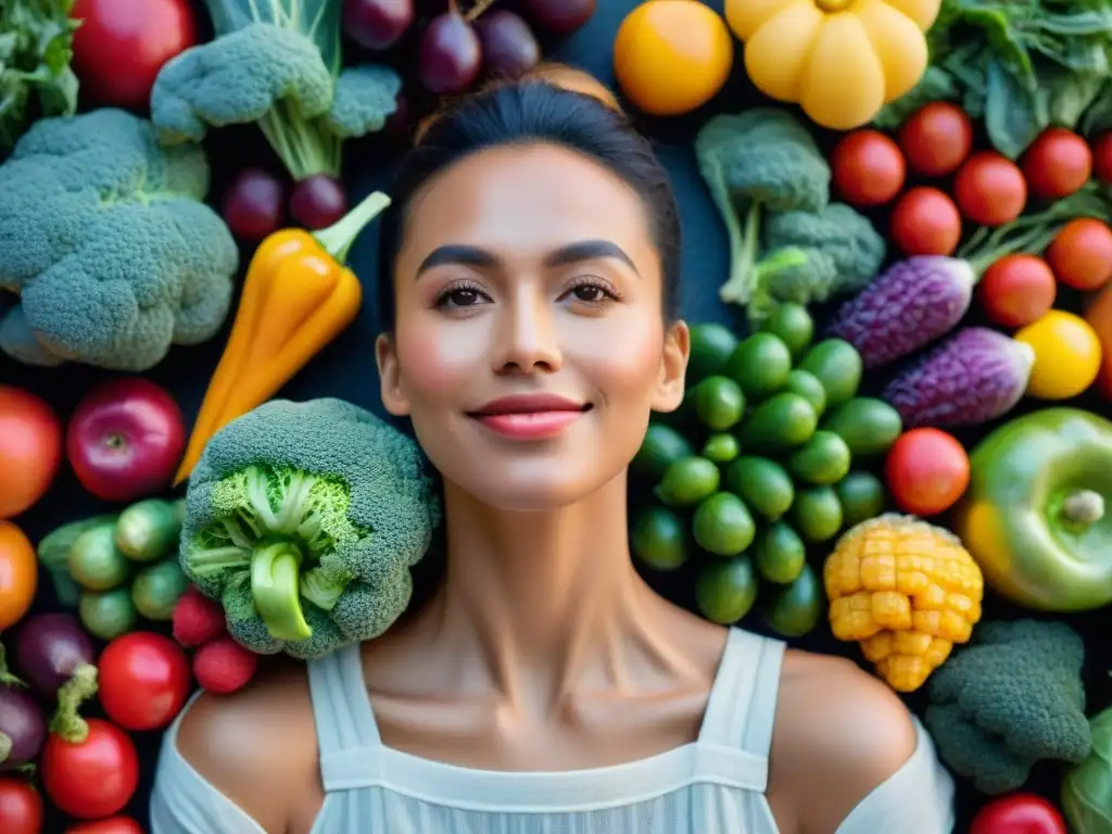 Una persona rodeada de frutas y verduras en un mercado, reflejando emociones de felicidad y contemplación