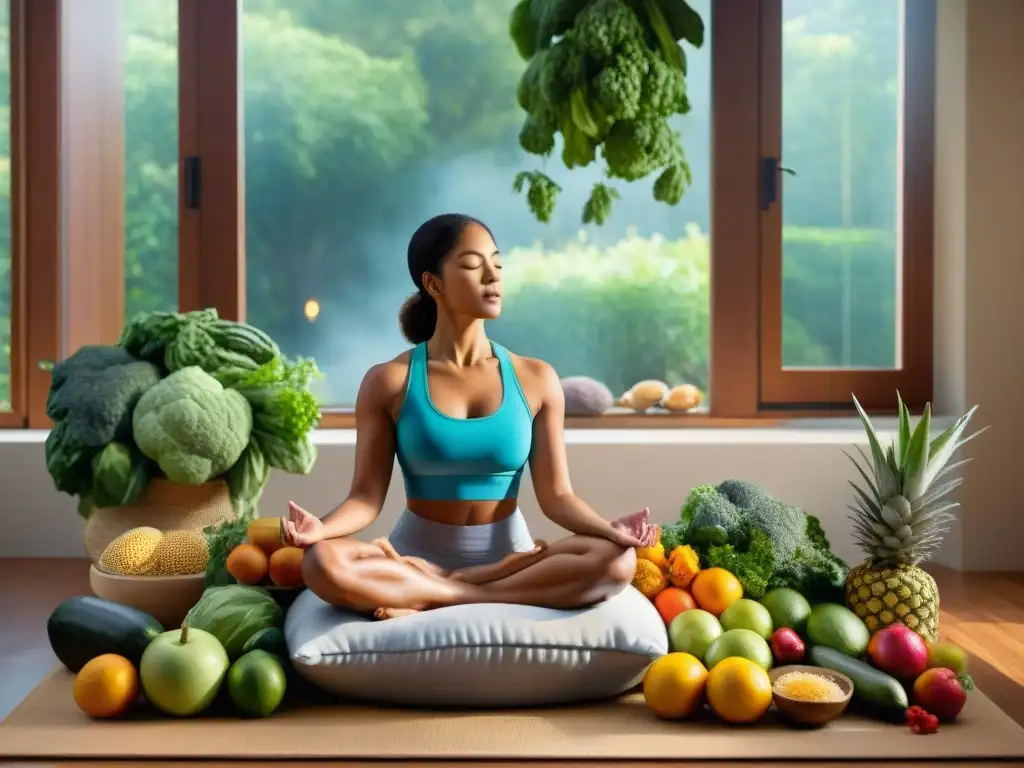 Persona meditando rodeada de frutas y verduras frescas, en un ambiente sereno y lleno de color