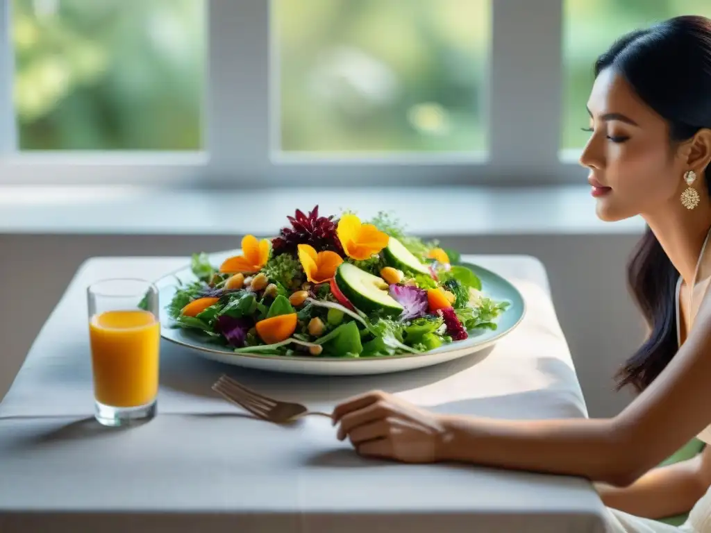 Persona serena practicando mindfulness en la cocina sin gluten, disfrutando de una comida colorida y deliciosa en un ambiente tranquilo y acogedor