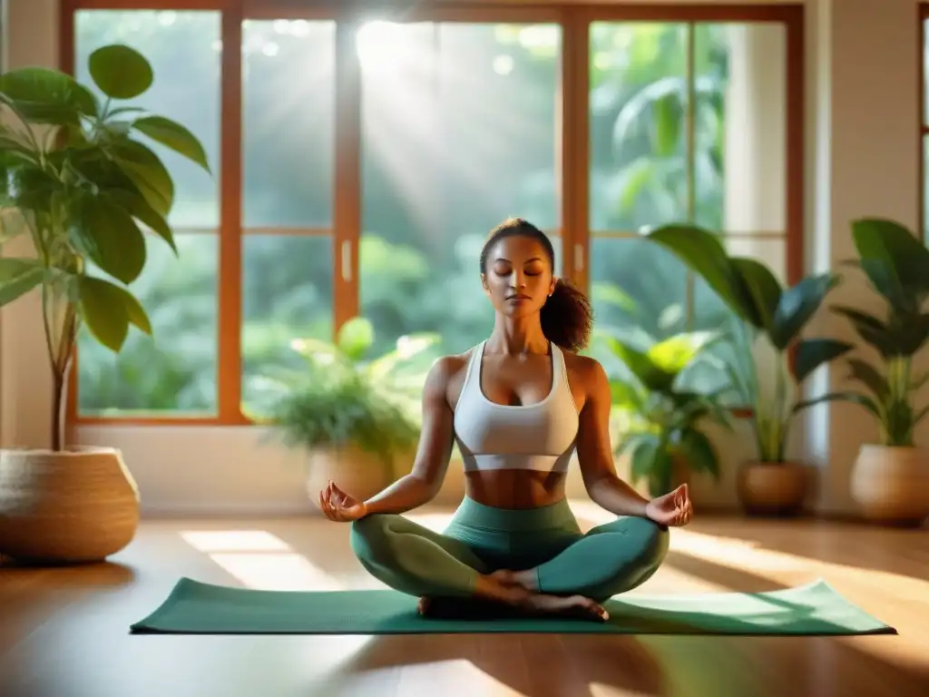 Persona serena practicando yoga en un ambiente tranquilo y soleado, rodeada de plantas verdes